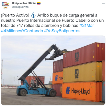 La mayoría de los mensajes que comparte Bolipuertos están relacionados con la llegada de cargas. Foto Captura de pantalla Twitter