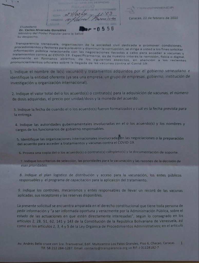 Solicitud de información sobre las vacunas al Gobierno Nacional